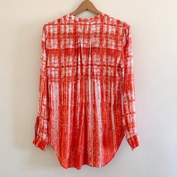 Anthro Red-Orange Abstract Print Pin-tuck Babydoll Peasant Blouse Top - Picture 8 of 11